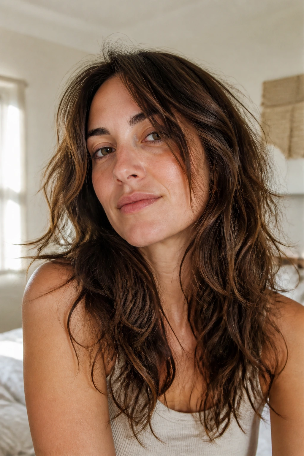 Close-up portrait of a real woman with a messy long shag ideal for air-dry days