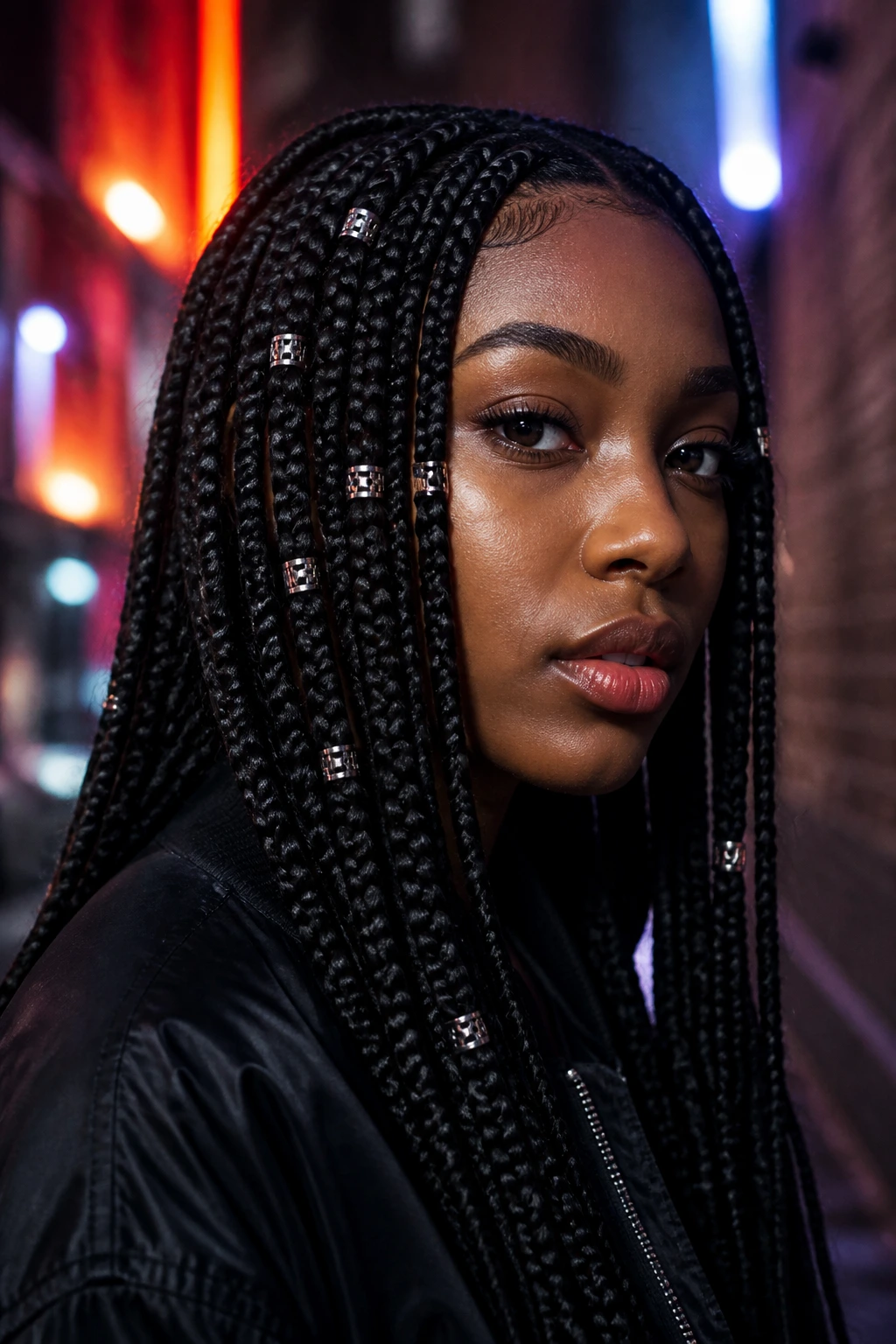 Real woman with box braids and metal ring beads in an urban neon setting