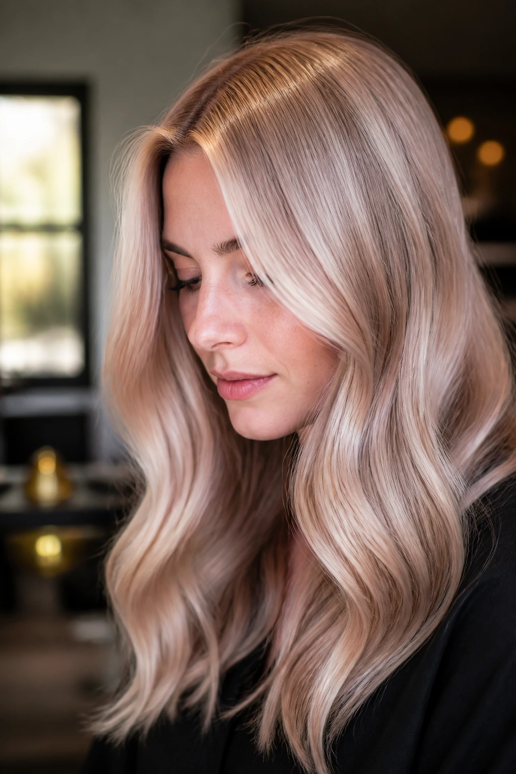 Close-up of a real person with metallic blonde hair featuring chrome-like sheen
