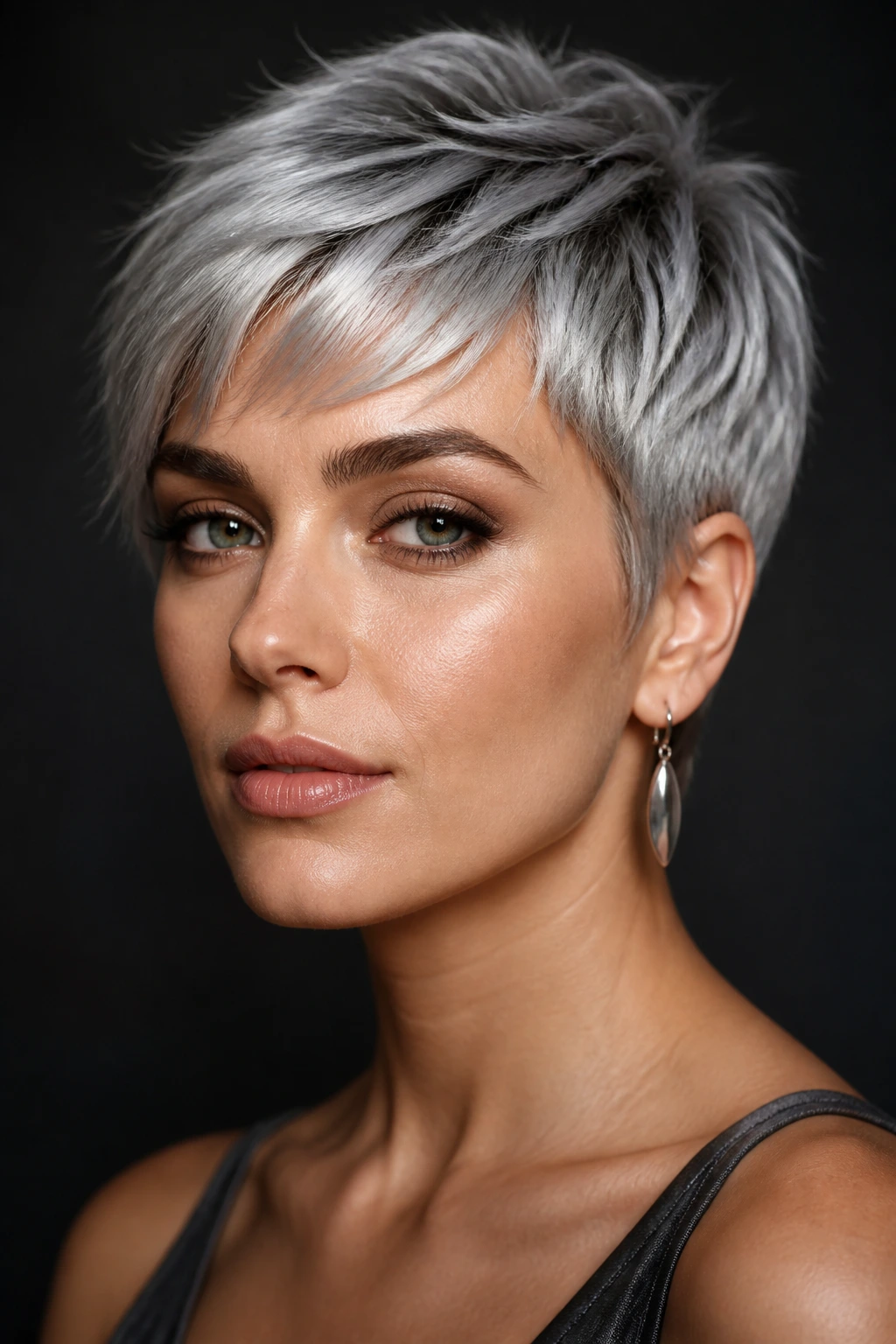 Close-up portrait of Metallic Silver Pixie on a real person with silver hair