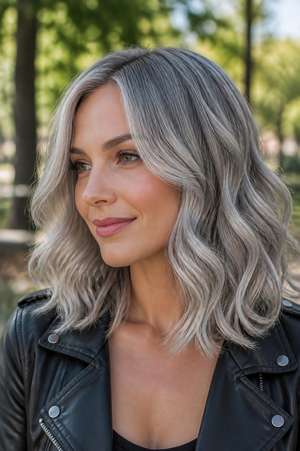 Portrait of a woman with metallic silver waves in mid-length hair outdoors