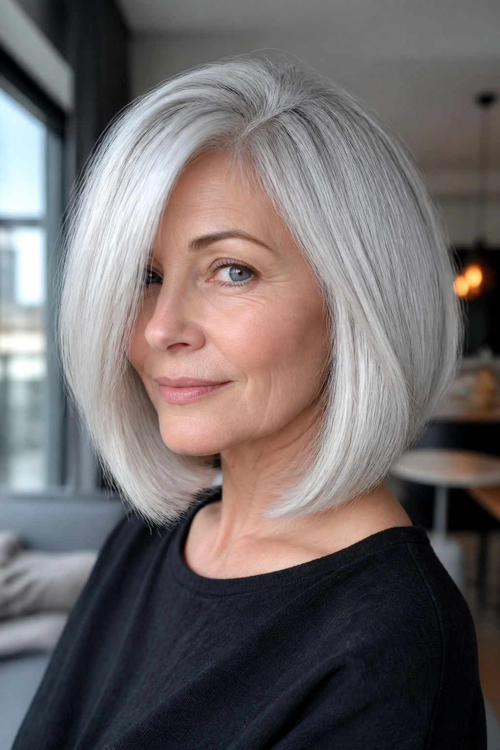 Portrait of a woman with metallic silver-white lob in a chic modern interior