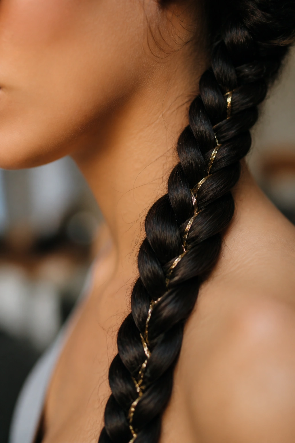 Close-up of long braid with subtle metallic thread highlight