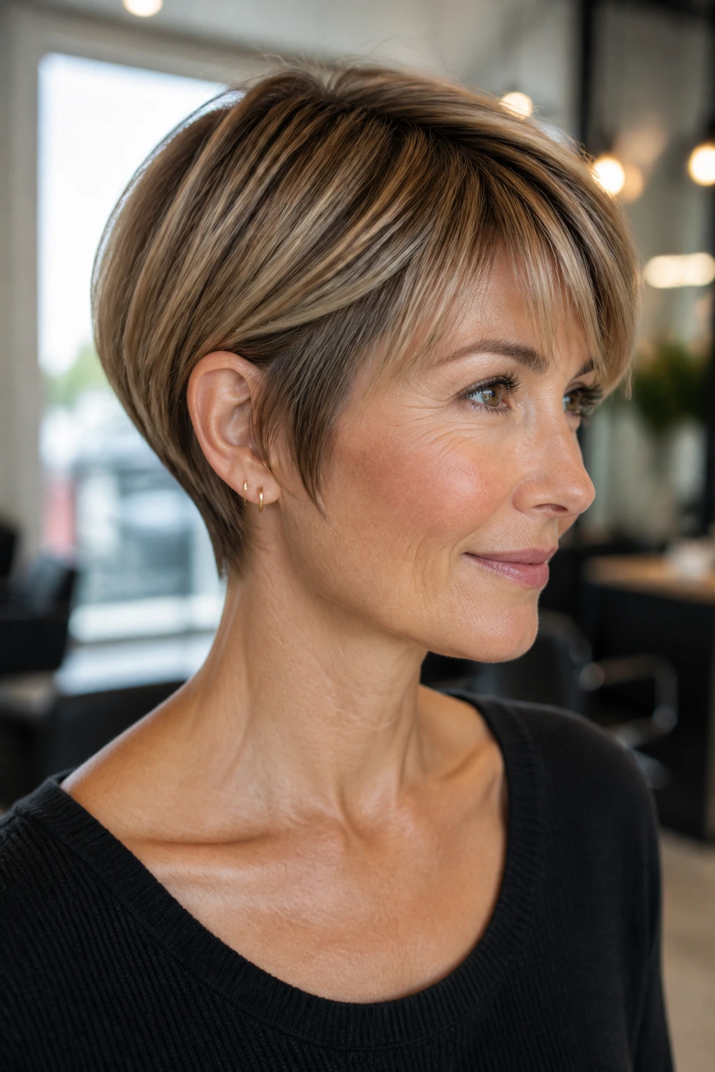 Close-up of a real person with fine short hair and micro-babylights on crown and front.