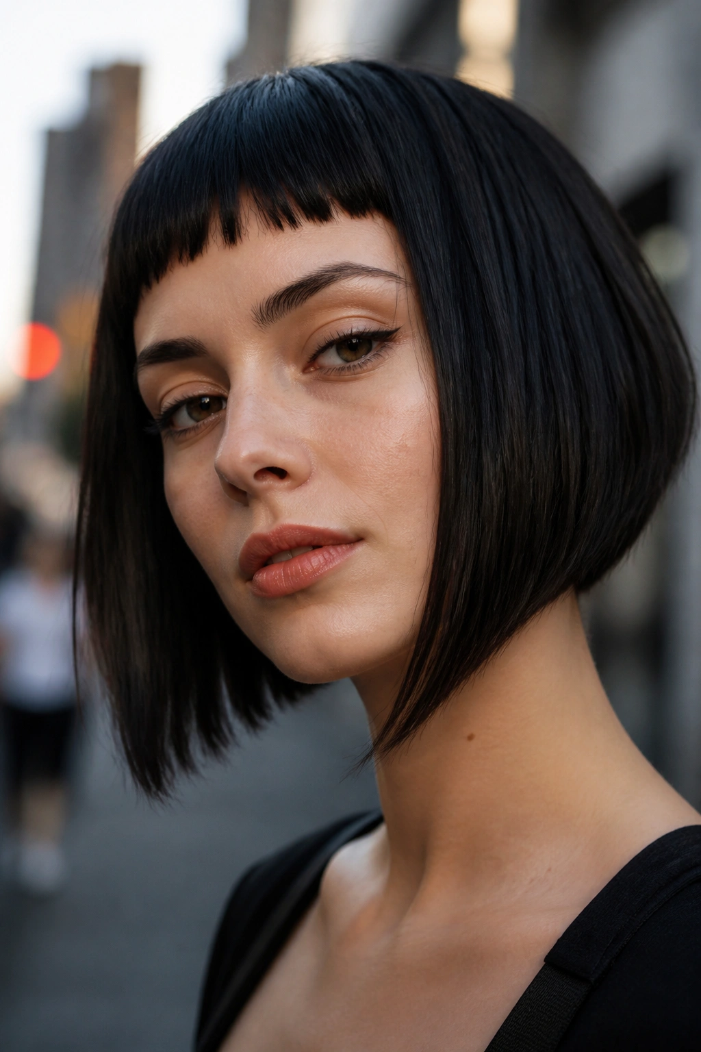 Close-up of a real woman with micro bangs angled bob on city street