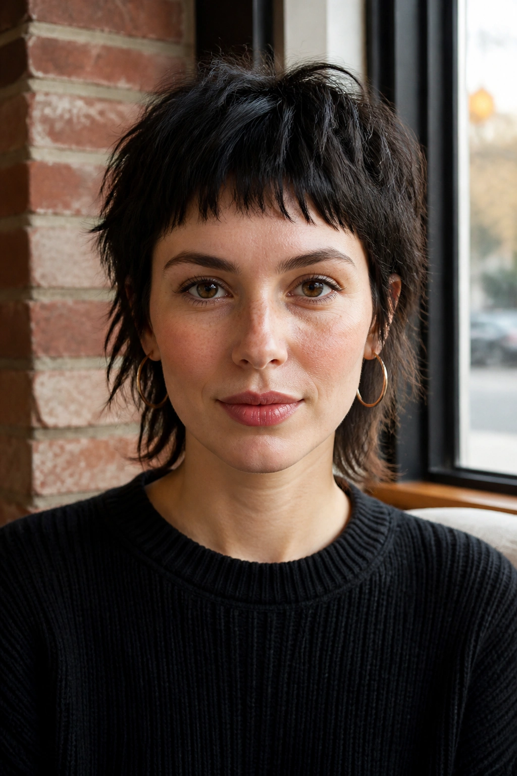 Close-up of a real person with Micro-Bang Bixie Wolf Cut featuring a tiny front fringe.