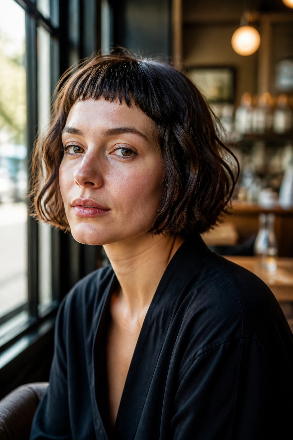 Close-up of real woman with micro bang crinkle cut bob and high fringe in a cafe morning light.