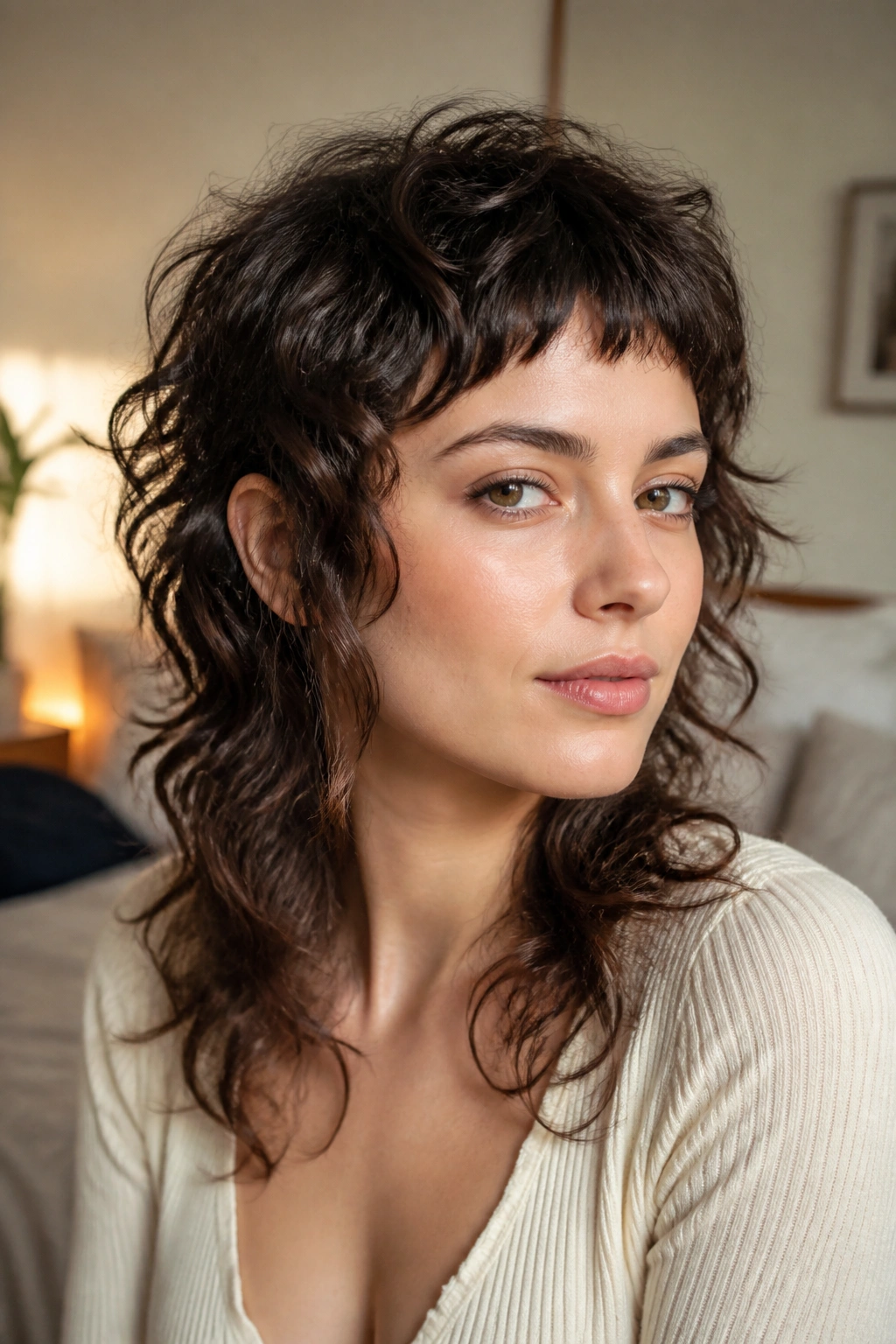 Close-up of real person with micro bang curly wolf cut in warm natural light