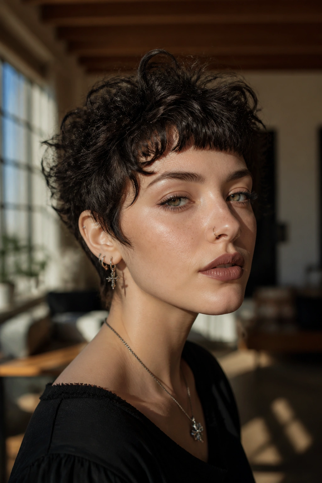 Close-up of a real woman with micro-bang curly pixie hairstyle in warm window light