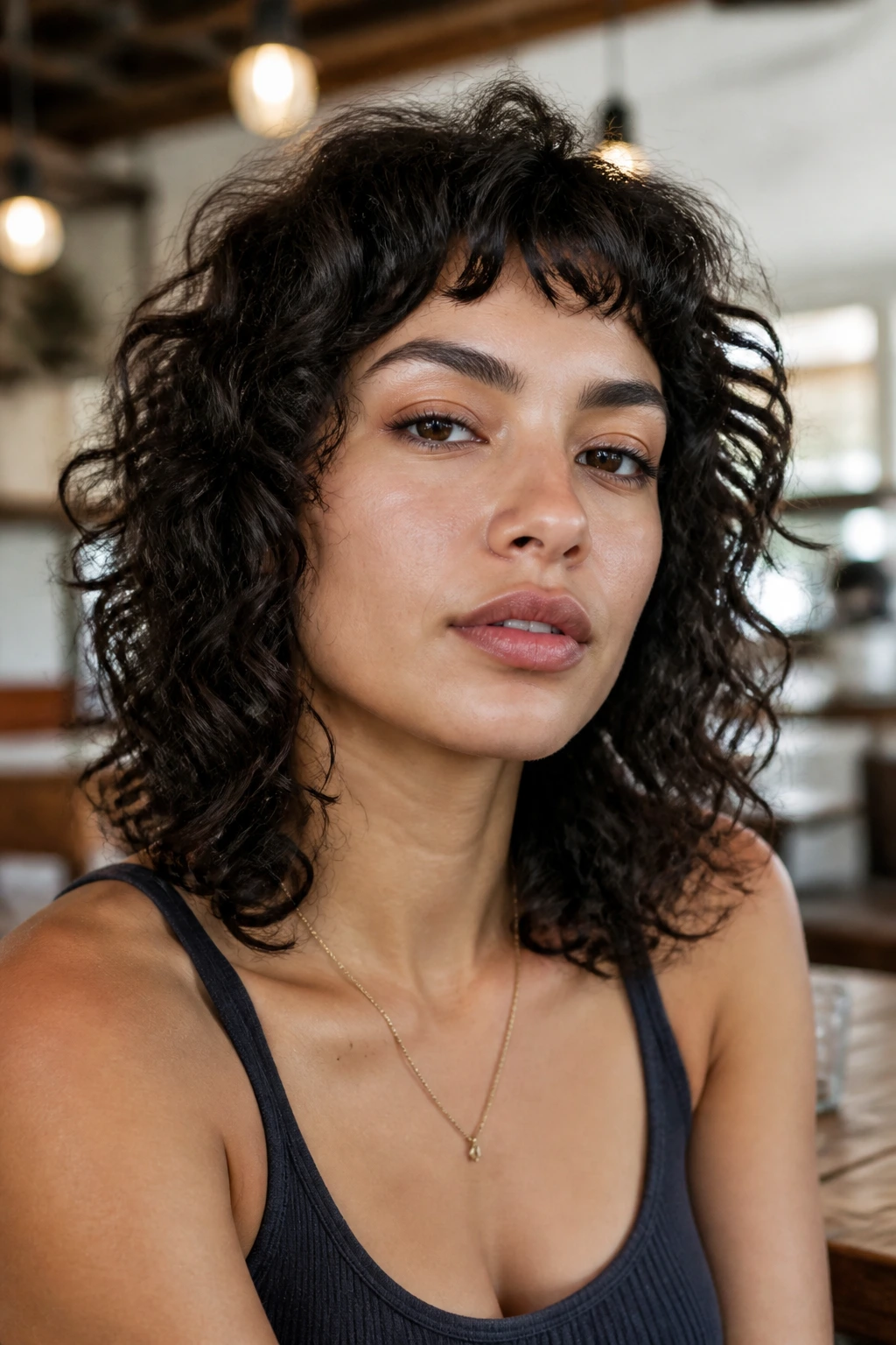 Real person with micro bangs on curly shag in a cafe-lit setting