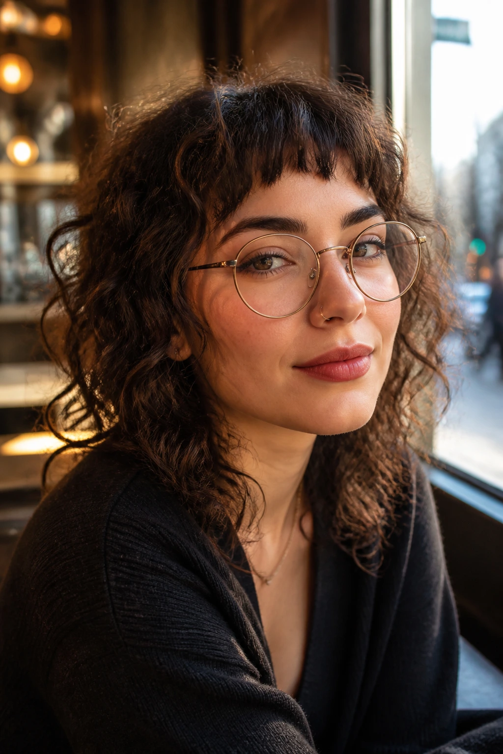 Real woman with micro bangs curly shag wearing glasses in a cafe window light.