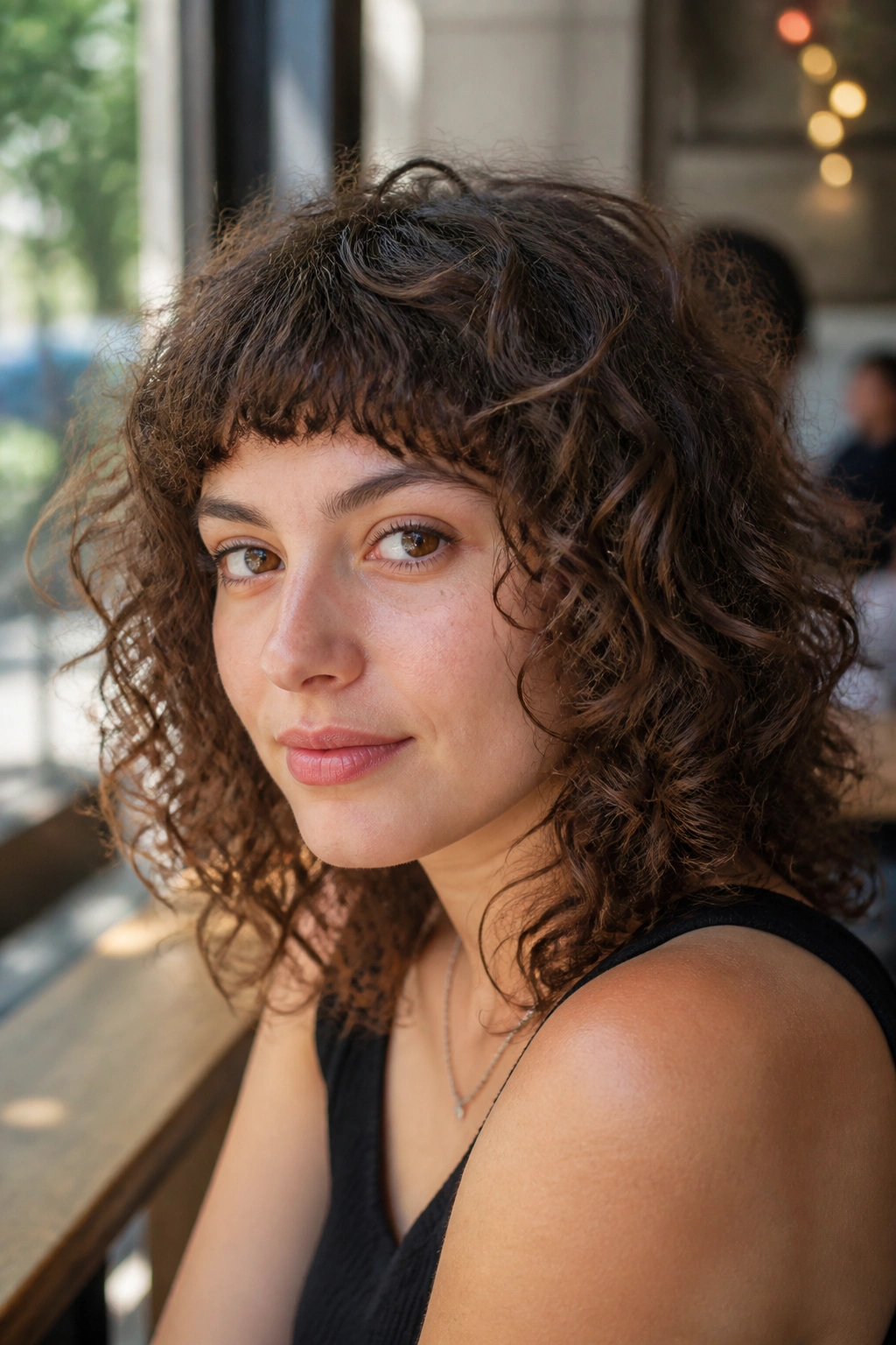 Close-up portrait of a real person with micro-bang curly shag and eyes visible.