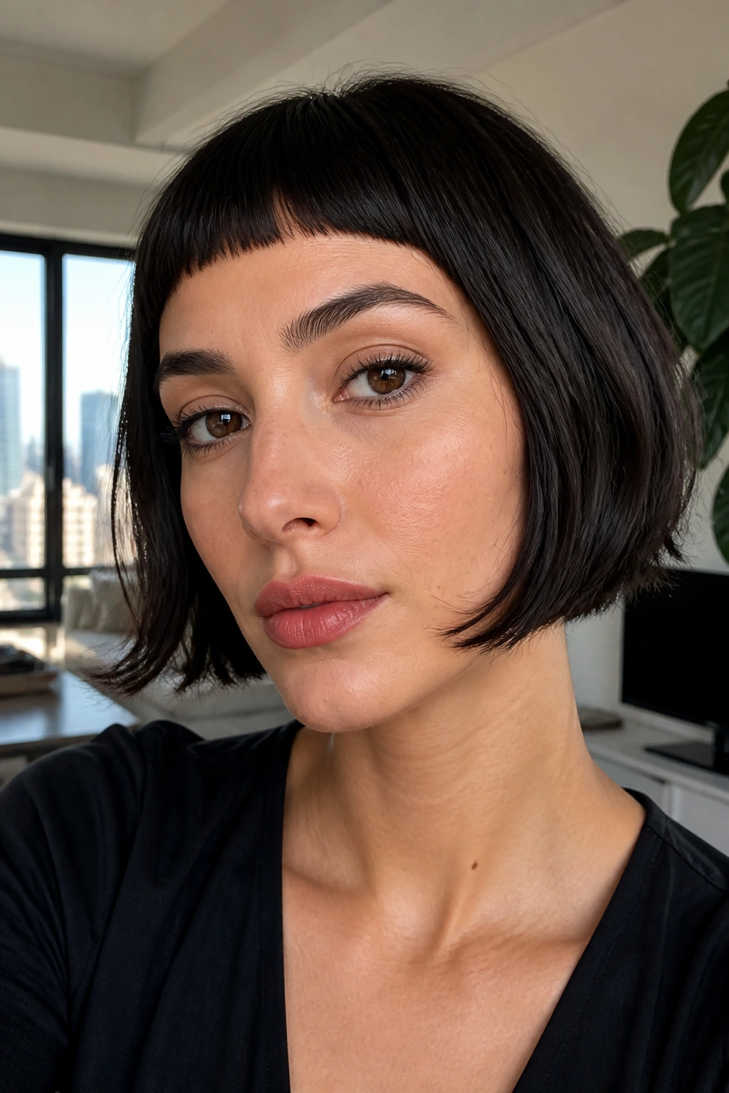 Close-up portrait of a real woman with a micro bang French bob.