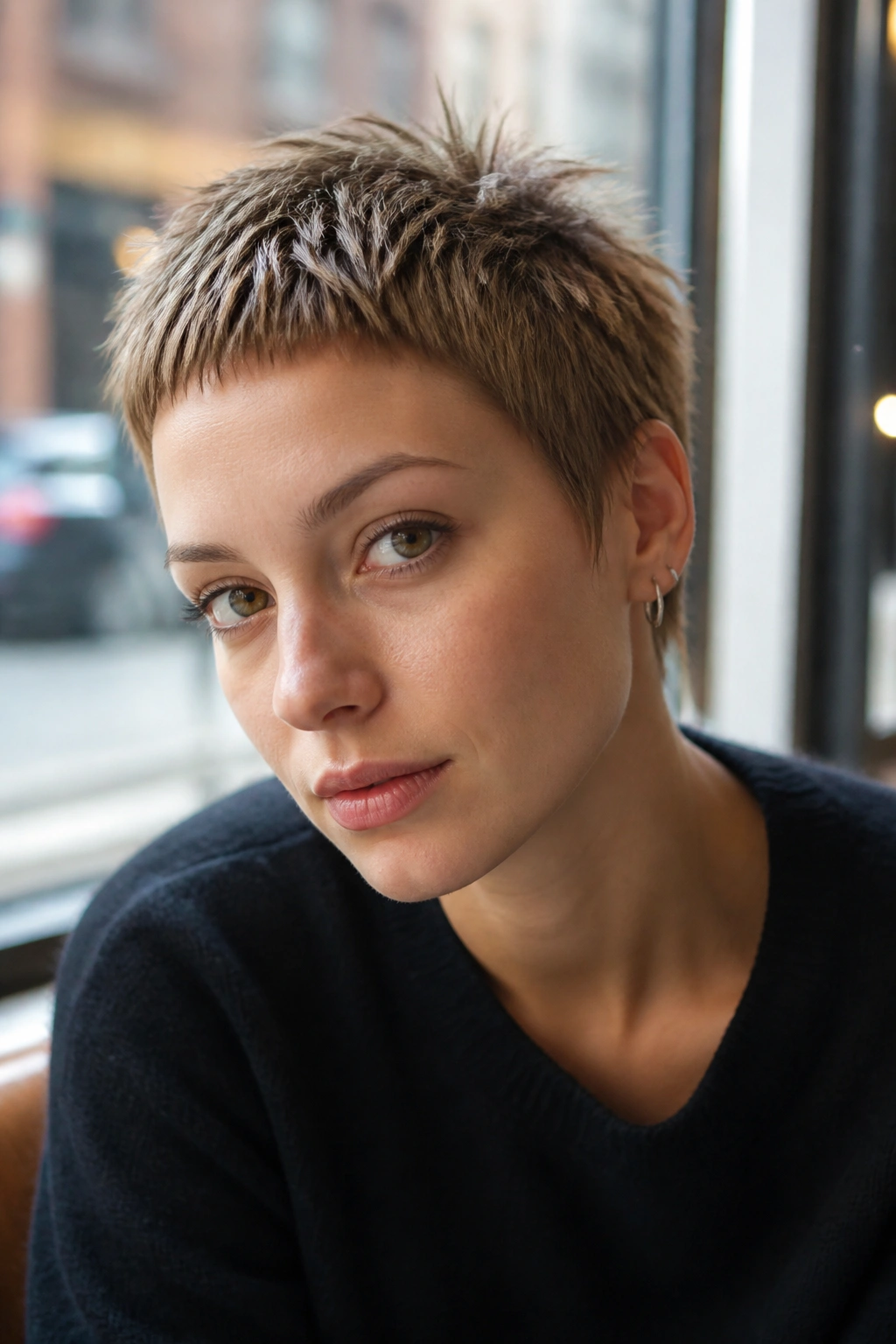 Real-woman portrait with choppy micro-bang pixie and textured fringe