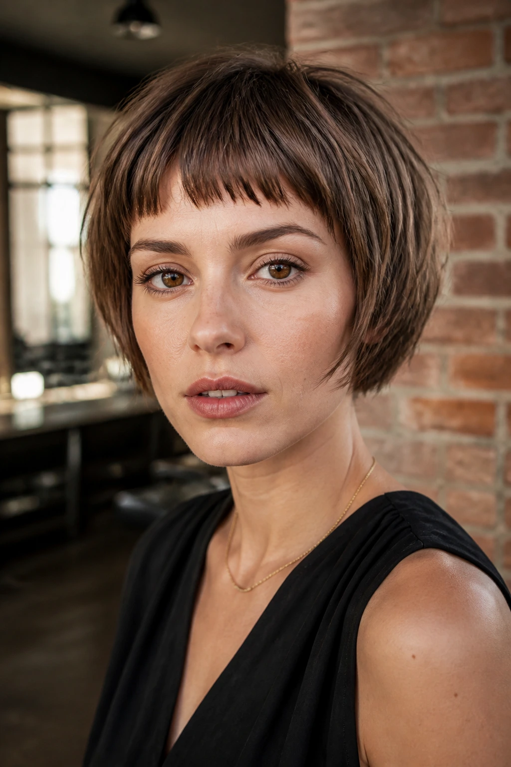Portrait of a woman with micro-bang pixie bob in an urban interior