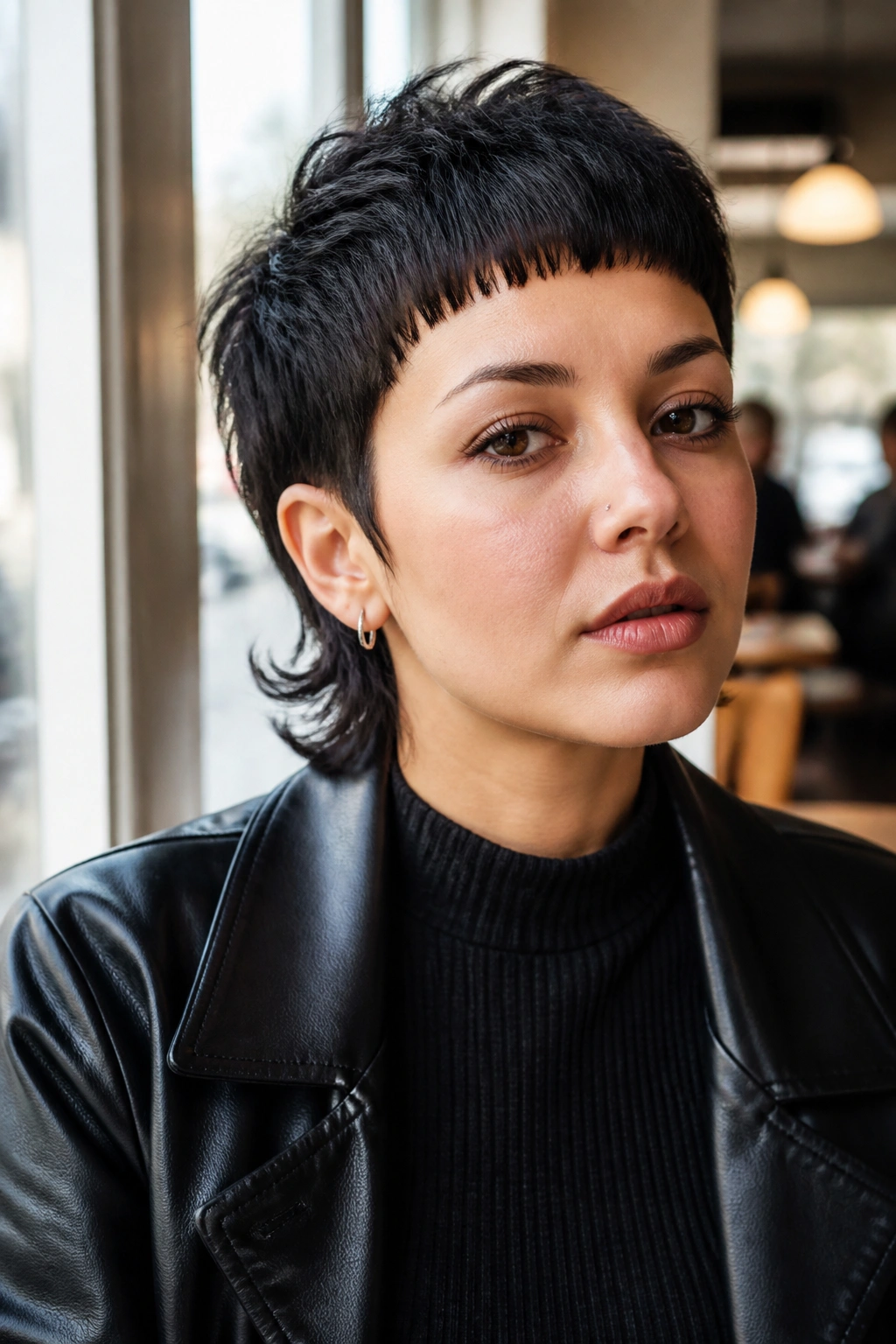 Portrait of a real person with micro bang pixie mullet at a bright cafe