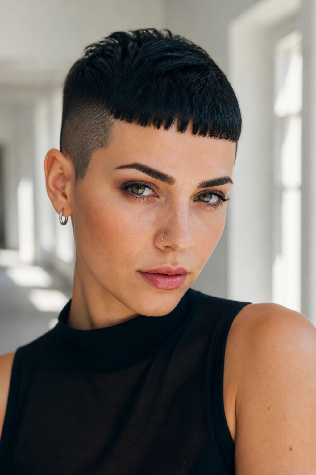 Portrait of a real woman with micro bangs and shaved sides in a bright hallway setting