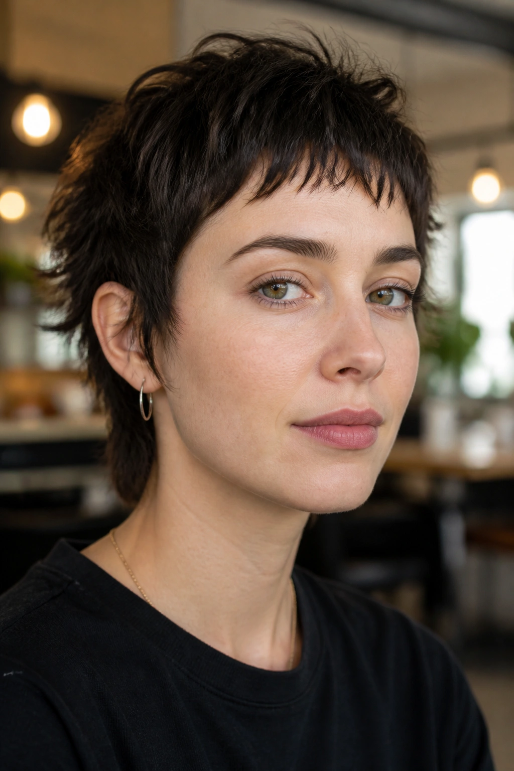 Close-up of a real woman with wispy micro-bangs wolf pixie