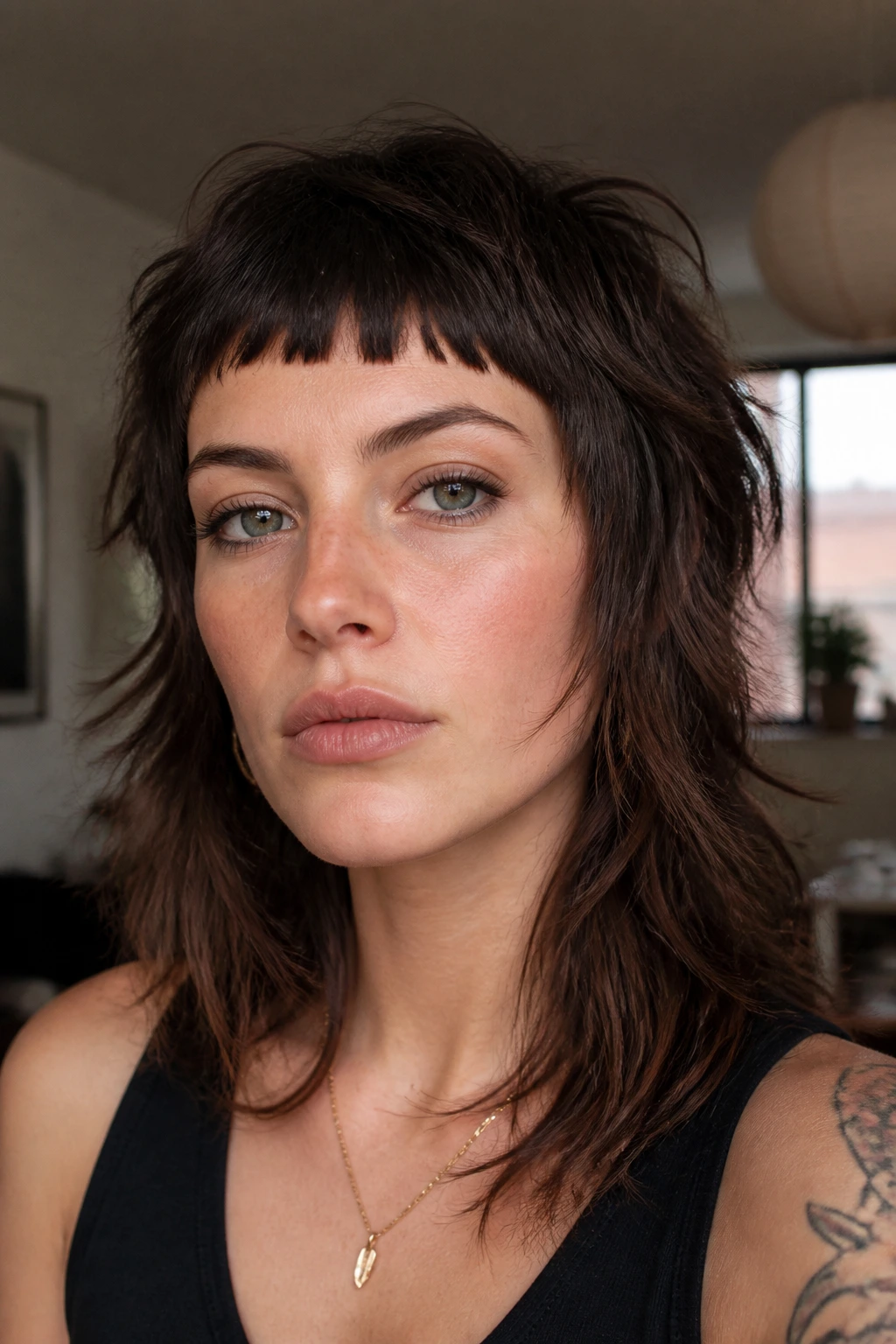 Close-up of a real woman with micro-bangs and shag layers, soft light.