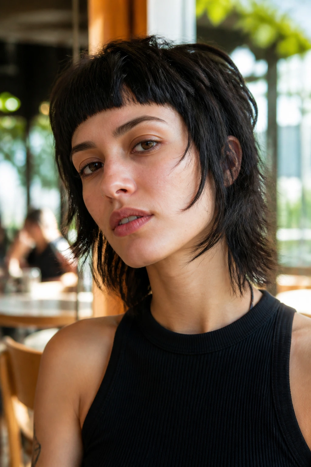 Close-up of a real person with Micro-Bang Shag and high fringe.