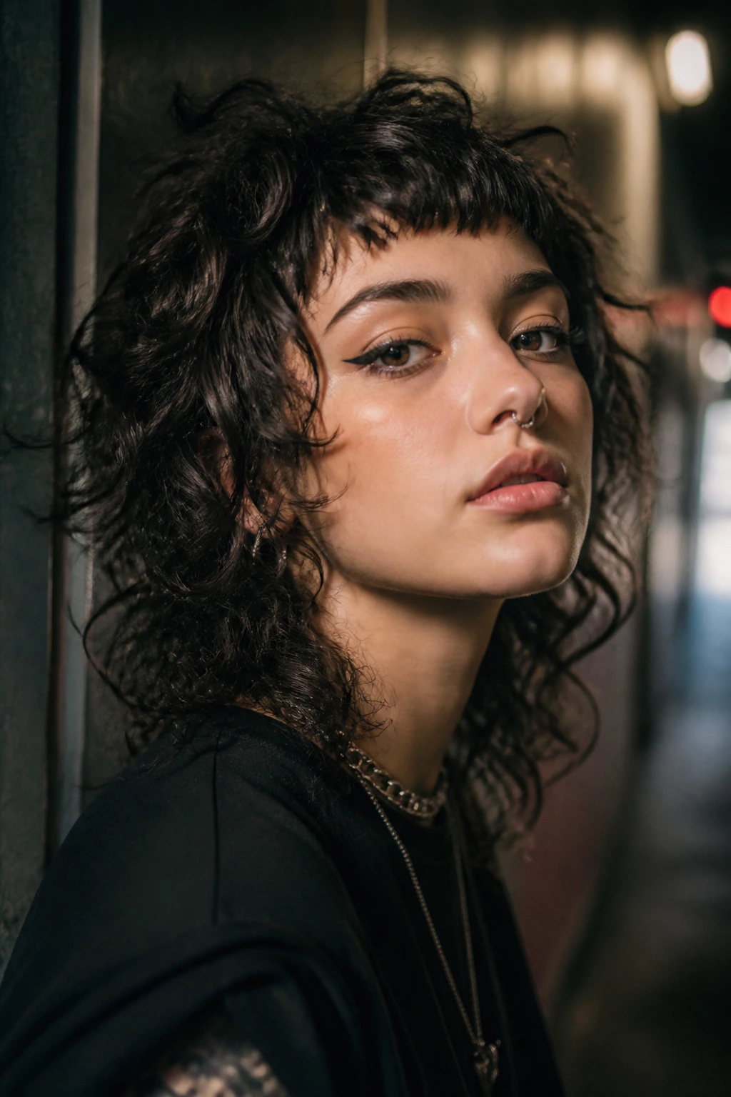 Close-up of a real person with micro bang emo wolf cut on curly hair
