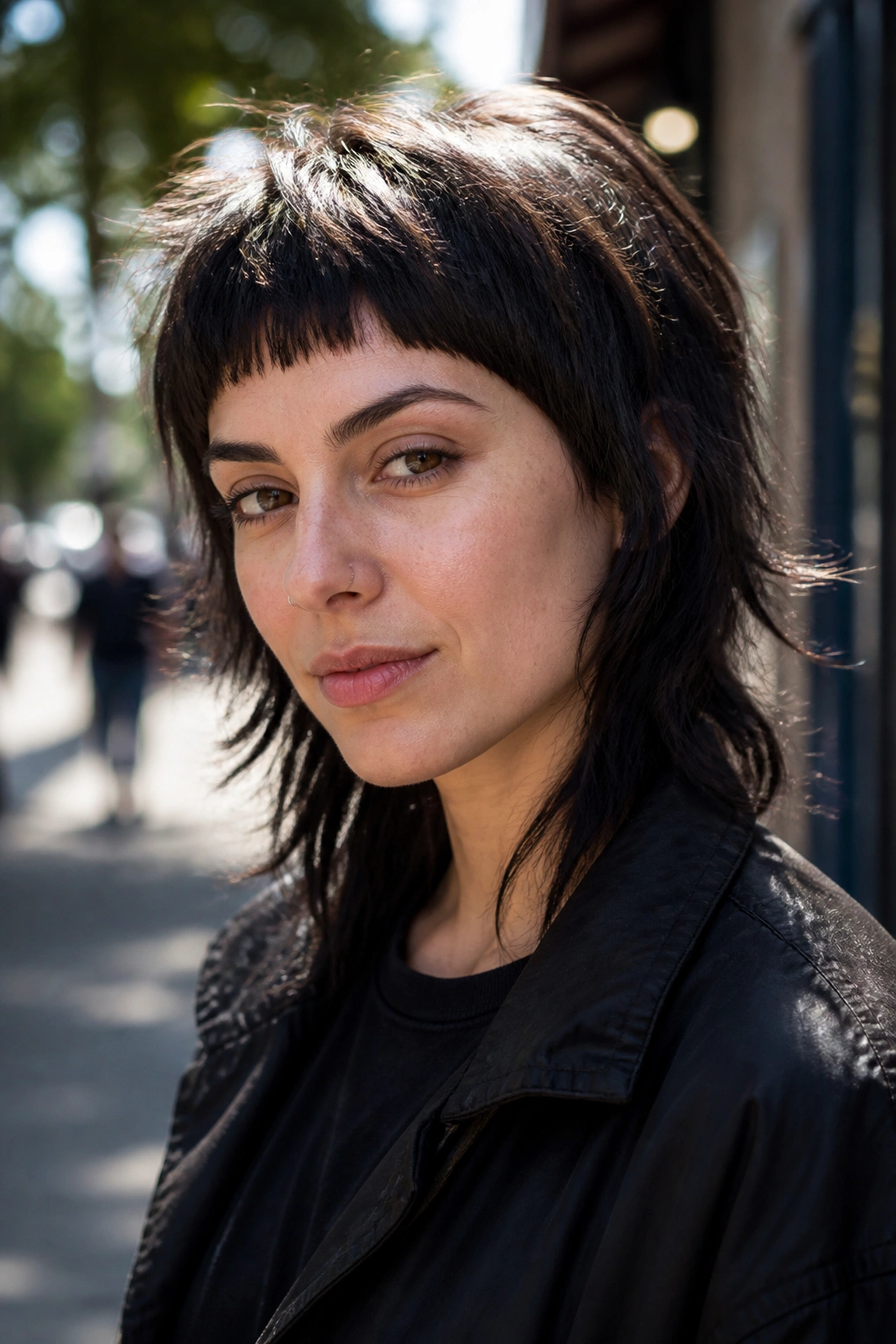 Portrait of a real woman with micro bangs and wolf cut, fringe short and piecey.