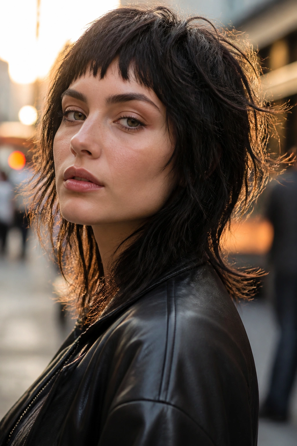 Portrait of real woman with micro bangs and wolf cut texture