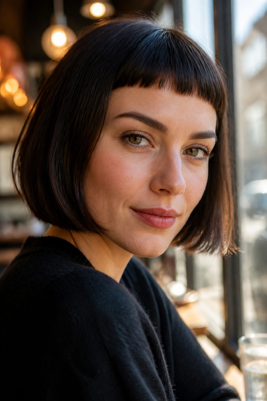 Close-up of a real woman with micro bangs and a sleek bob by a cafe window