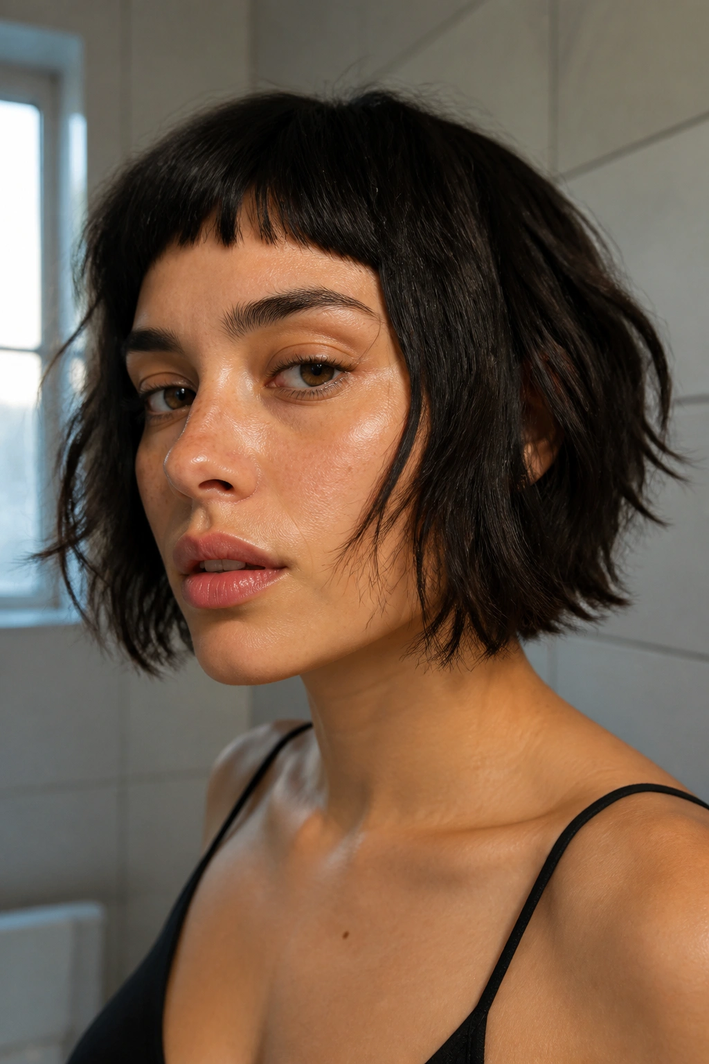 Close-up of a real woman with micro bangs and jagged choppy bob in warm window light