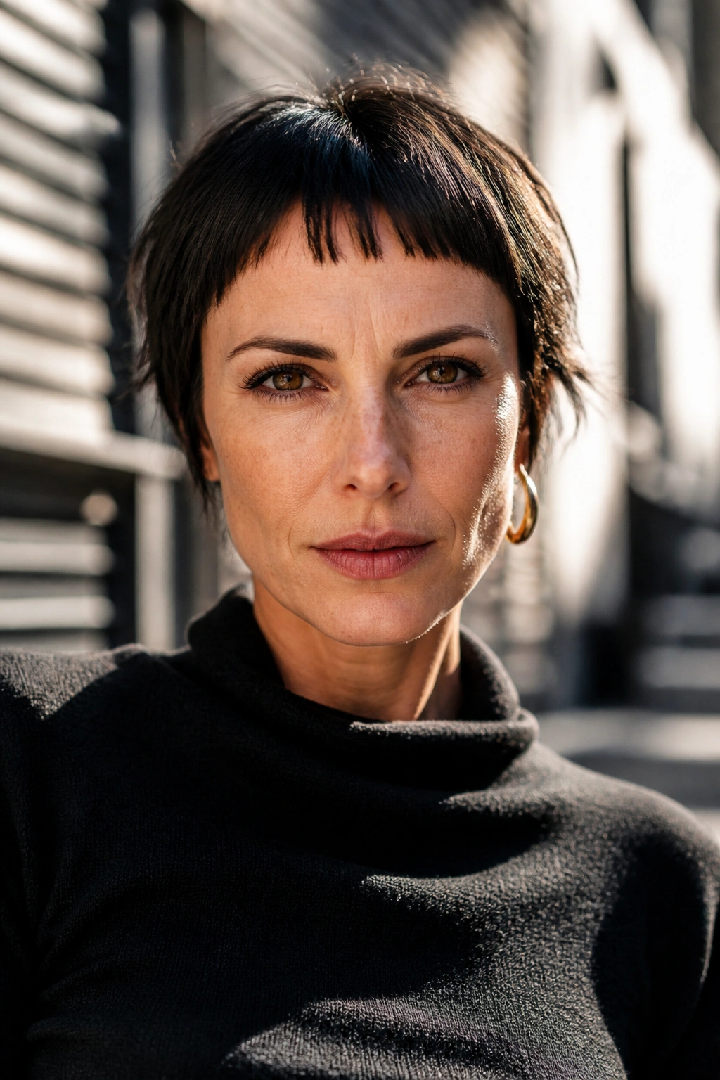 Real woman with short micro bangs in sunny outdoor setting