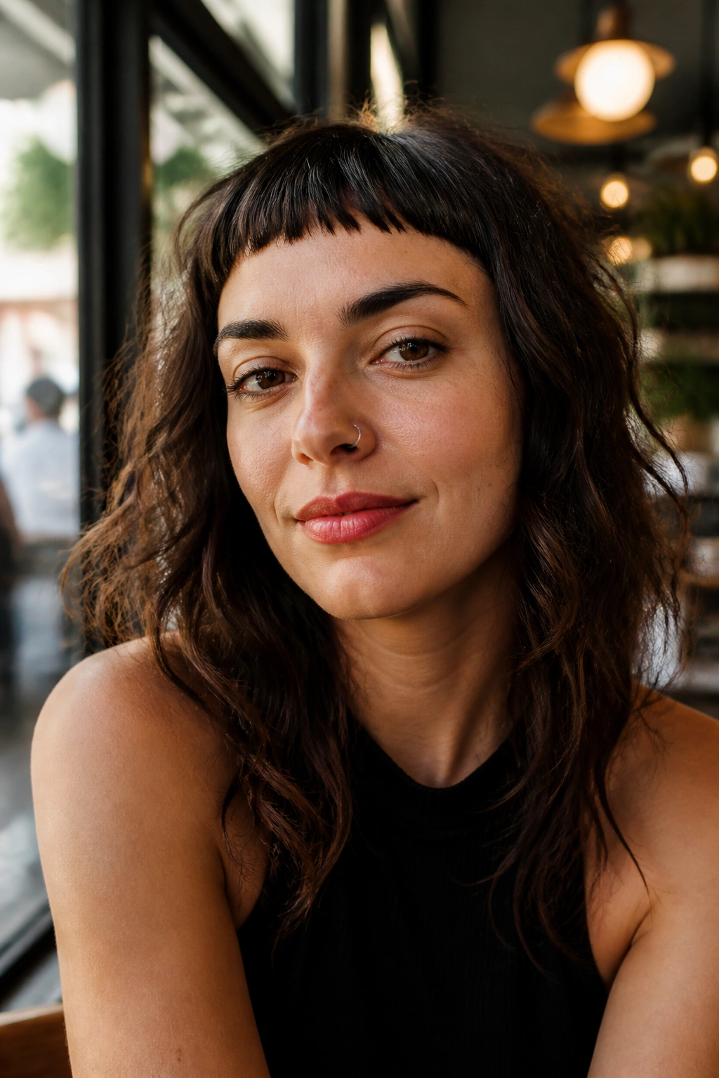 Close-up of a real woman with micro bangs and waves in a cafe setting