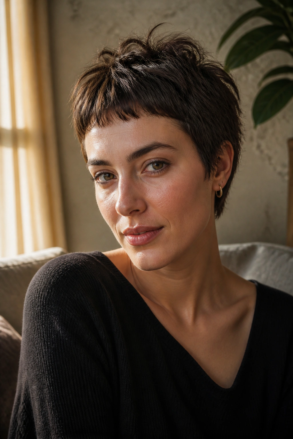 Close-up portrait of a real woman with micro bangs and a textured brunette crop in warm window light.