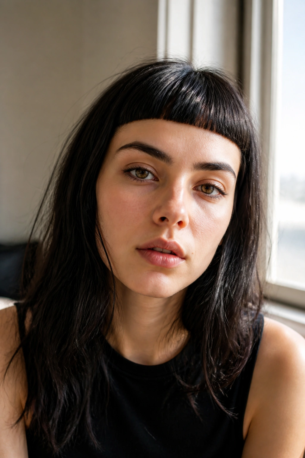 Close-up of a woman with micro bangs and a clean edge