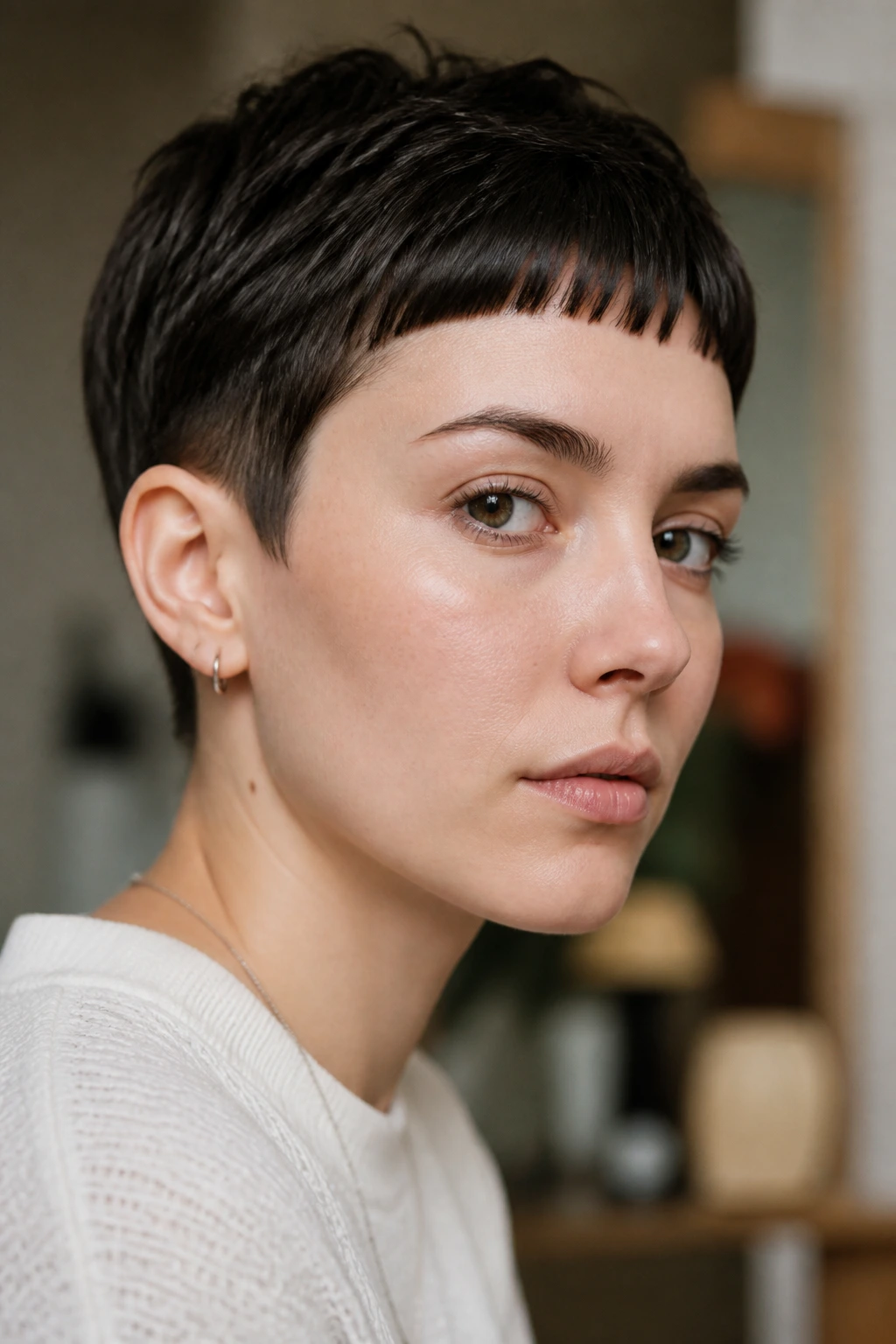 Close-up of a real person with cropped cut and micro bangs