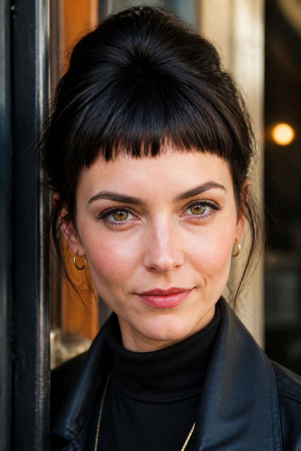 Close-up of a real woman with micro bangs and crown height