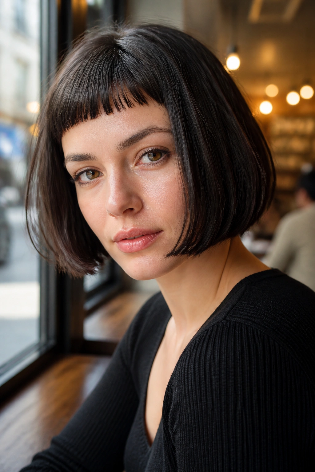 Close-up portrait of a real woman with micro bangs and a sleek French bob