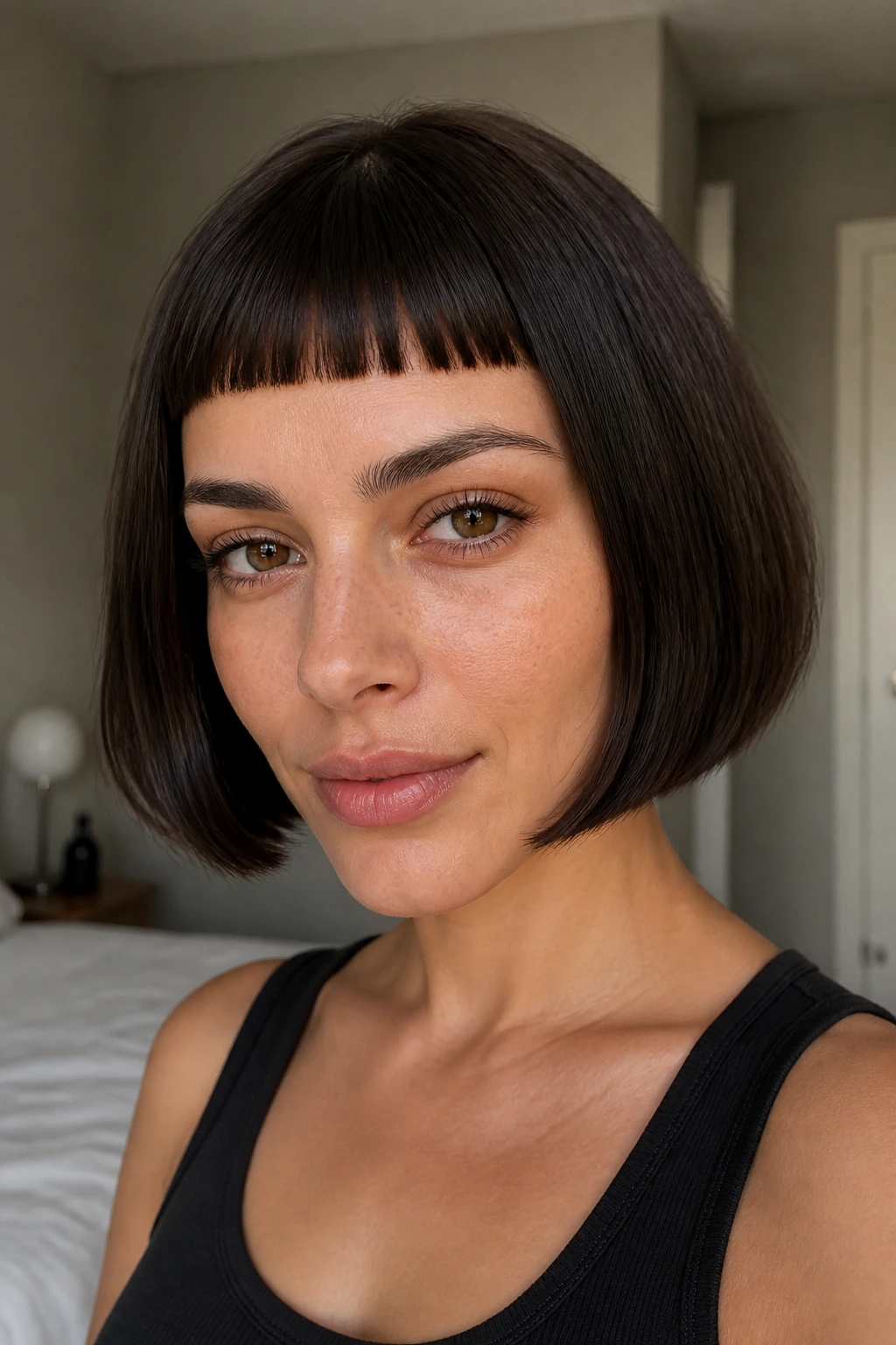 Close-up of a real woman with micro bangs and a clean-lined French bob