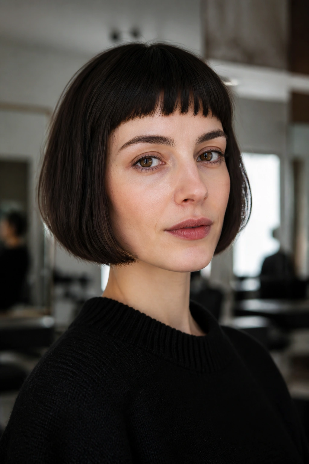 Close-up portrait of a real person with blunt micro bangs and French bob.