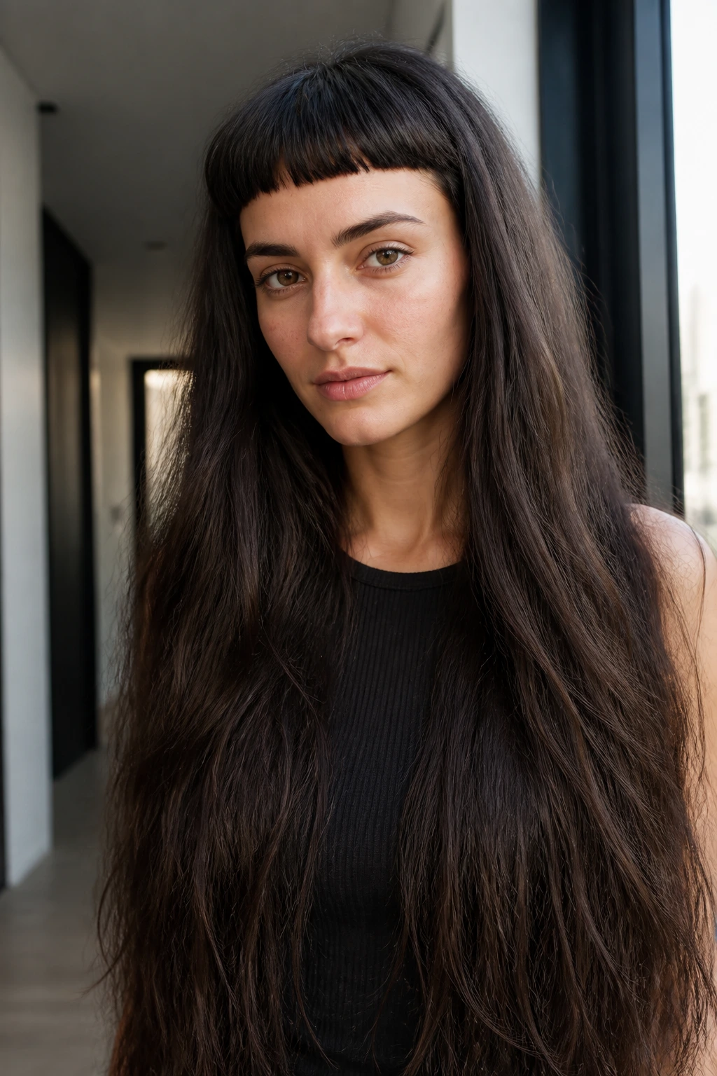 Close-up portrait of a real woman with micro bangs and waist-length hair.