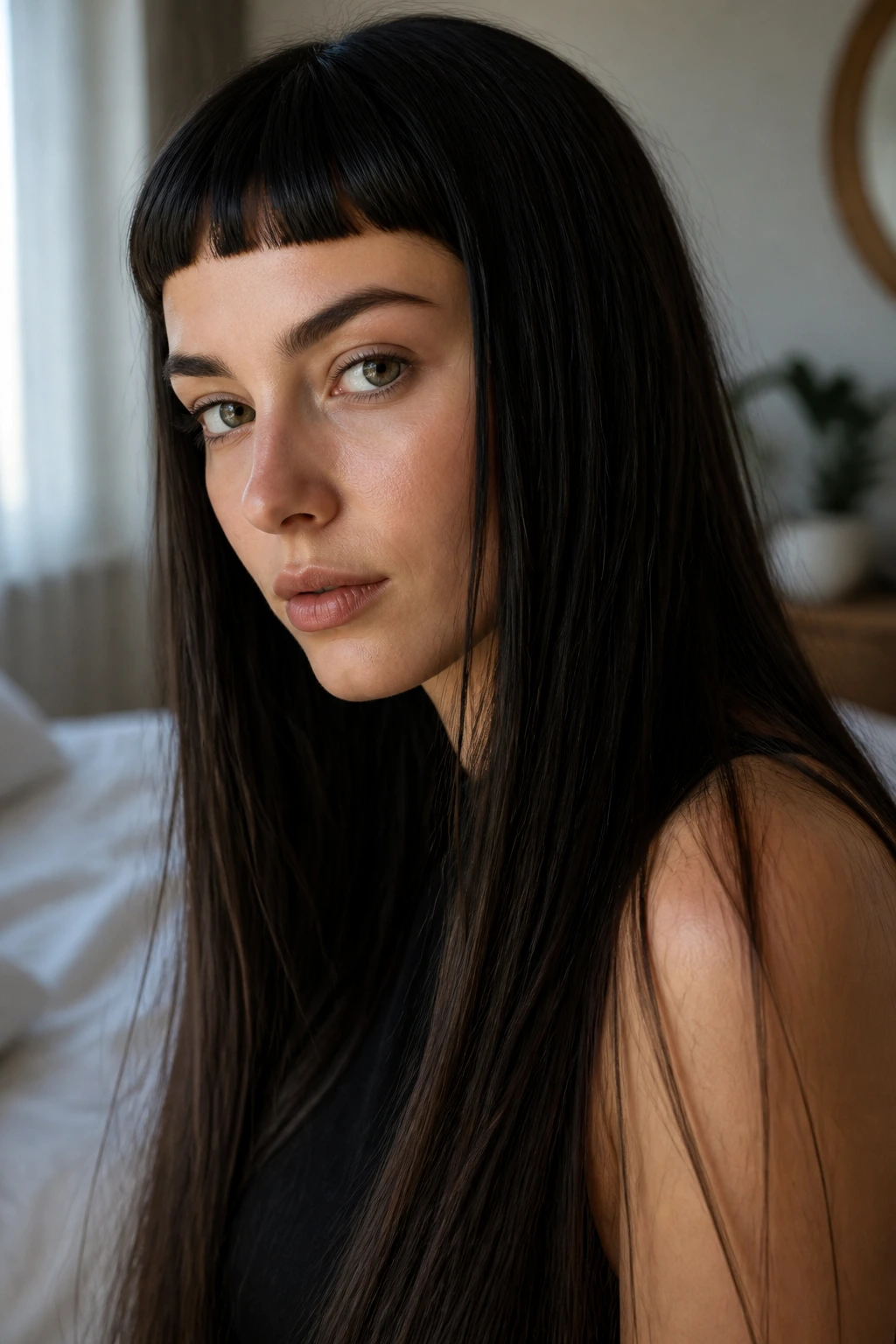 Close-up portrait of a real person with micro bangs and long sleek hair in natural light