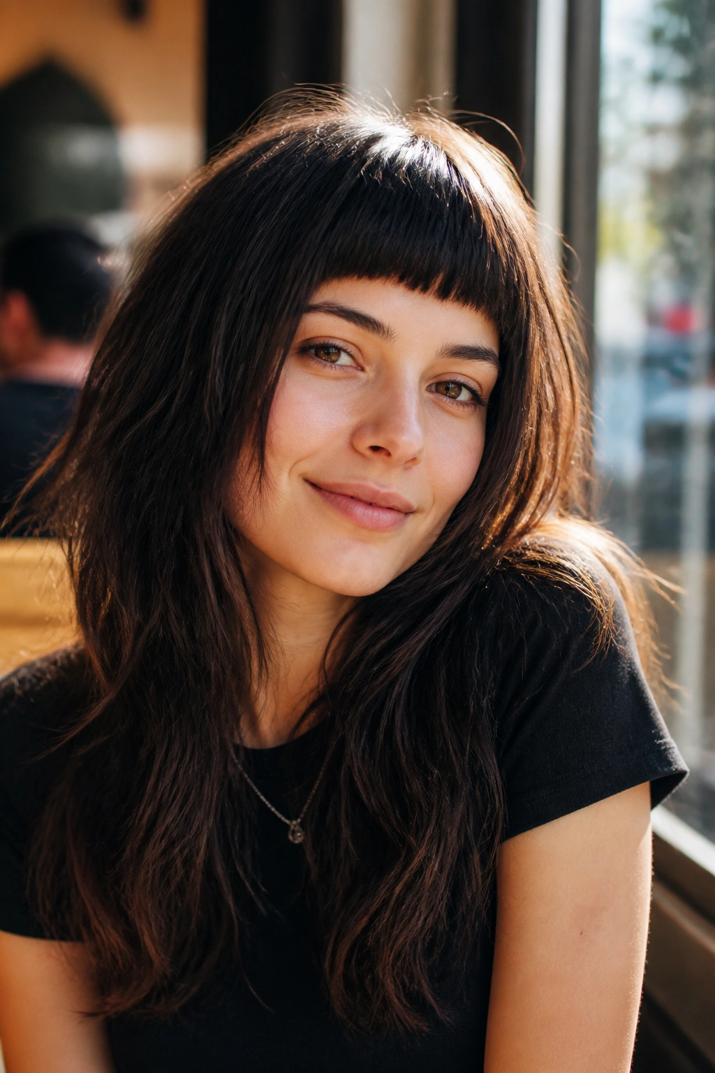 Close-up of a real woman with micro bangs and long shag, illuminated by sunlight.