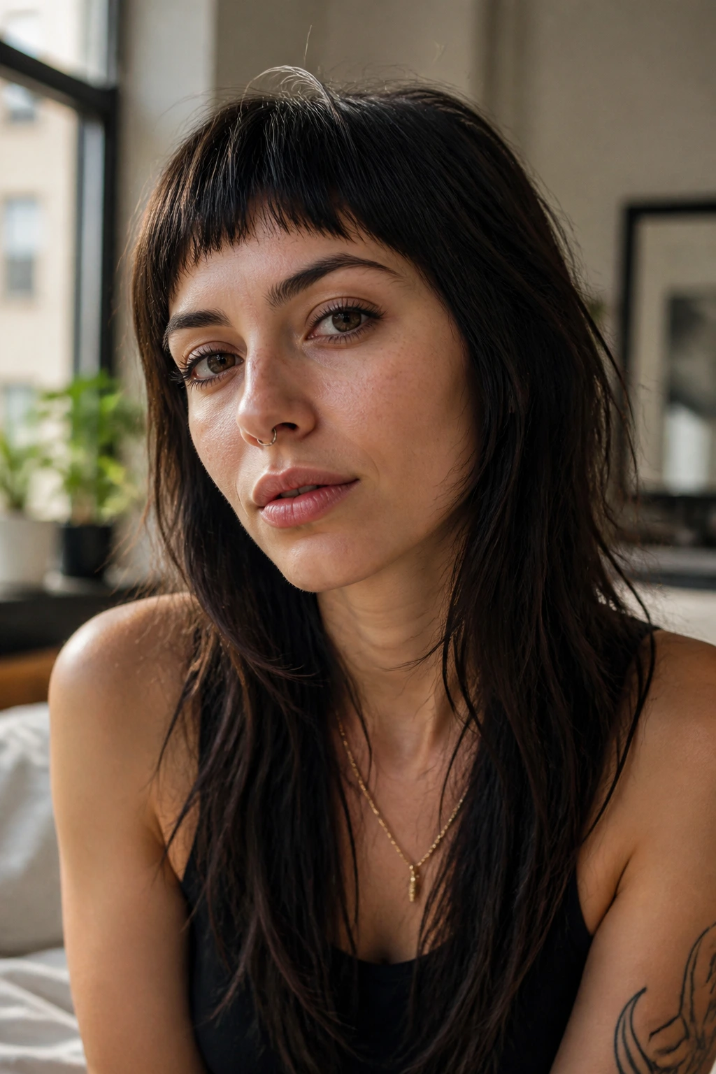 Close-up of a real woman with micro bangs and a long wolf cut on straight hair