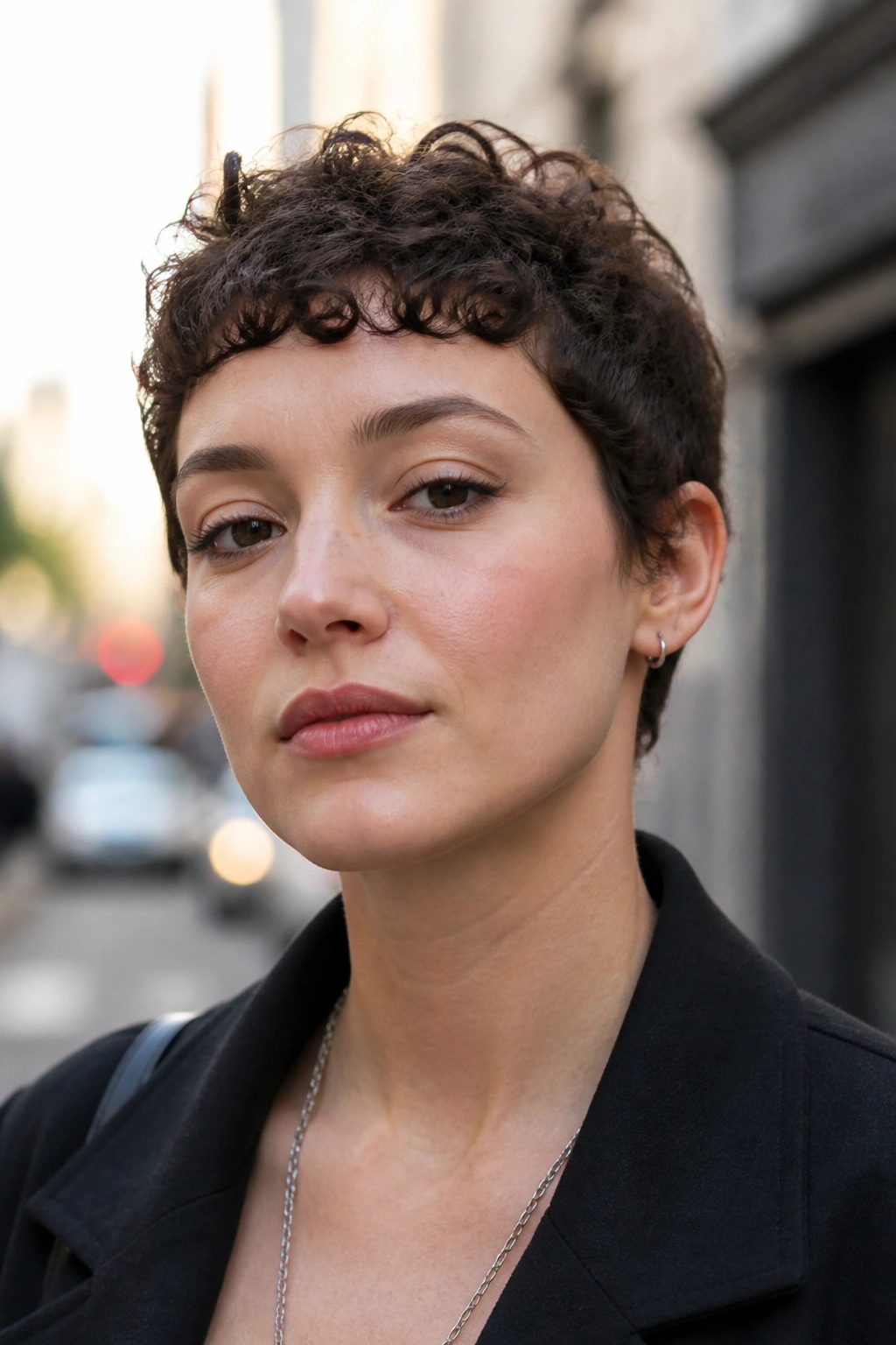 Front-close portrait showing micro curly bangs on a pixie cut.