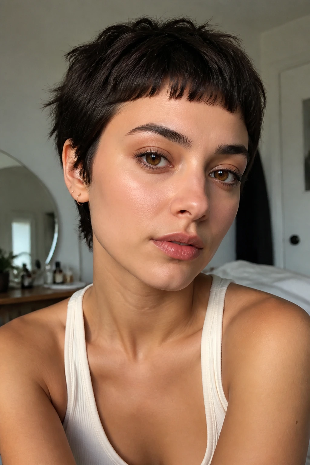Close-up portrait of a real woman with micro-bangs pixie hairstyle in soft morning light