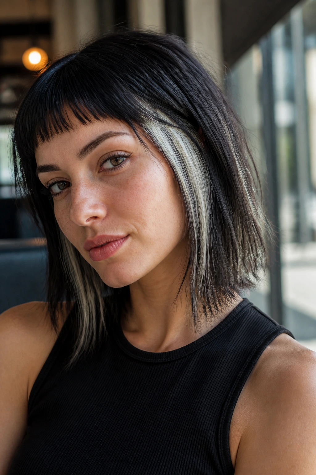 Close-up of a woman with micro bangs and platinum peekaboo pieces under the top layer
