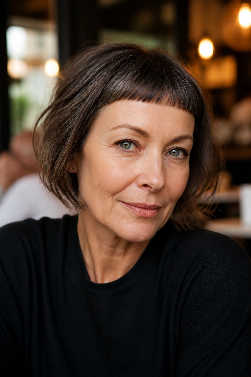 Close-up of real woman with micro bangs above brows in cafe lighting