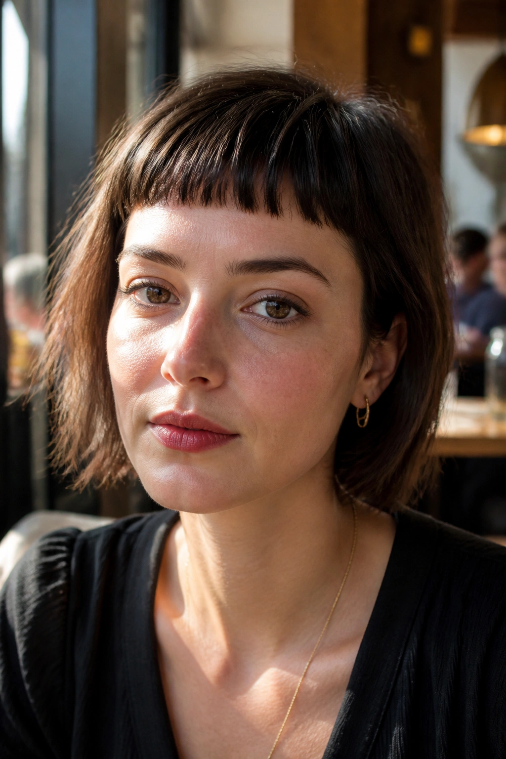Close-up portrait of a woman with micro bangs in warm window light