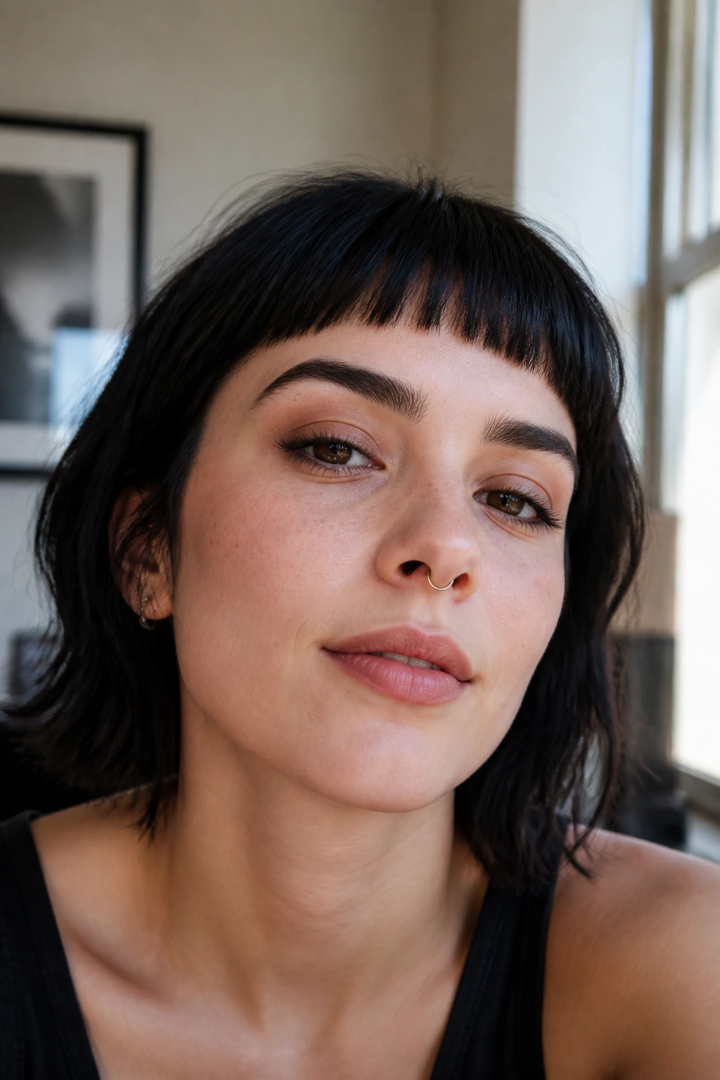 Close-up portrait of a real woman with micro bangs above the brows, front view.