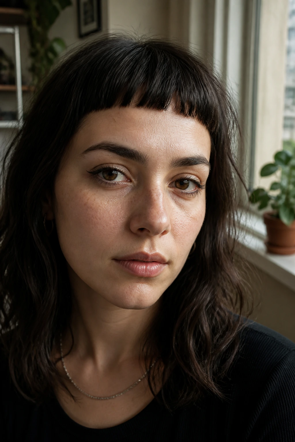 Close-up portrait of a real woman with micro bangs above the brow in a softly lit apartment