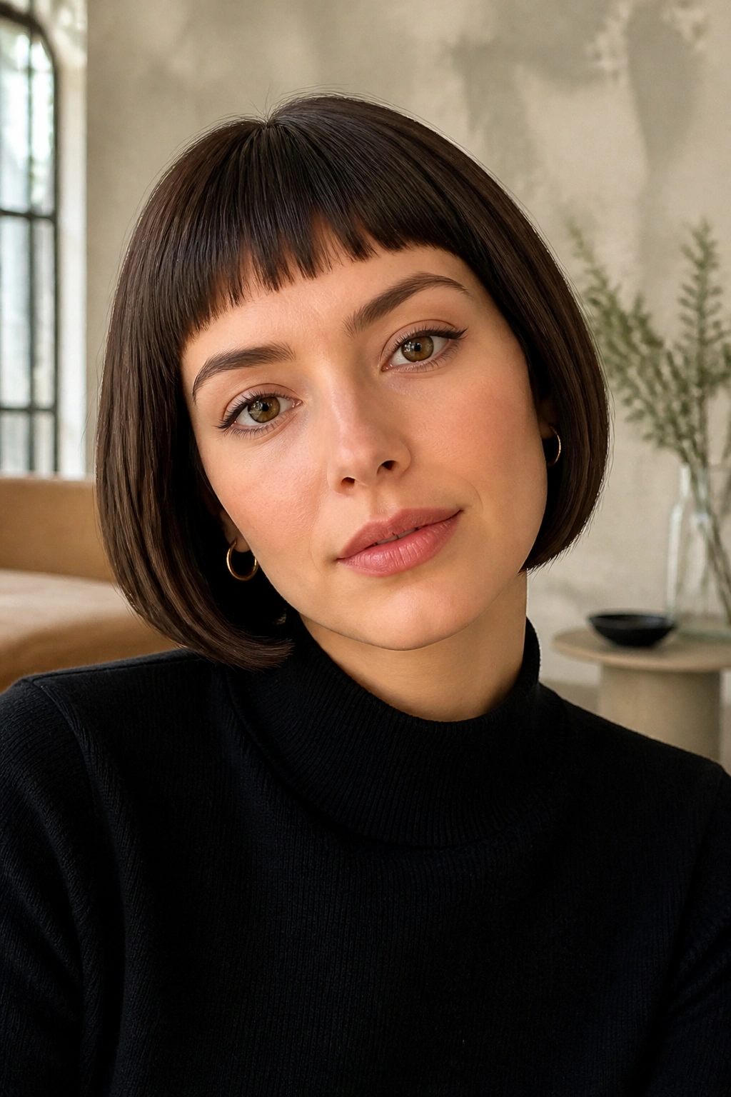 Close-up portrait of a real woman with micro bangs and a rounded bob.